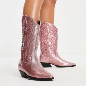 ASOS Pink Glitter Heeled Western Boots (Wide Fit)